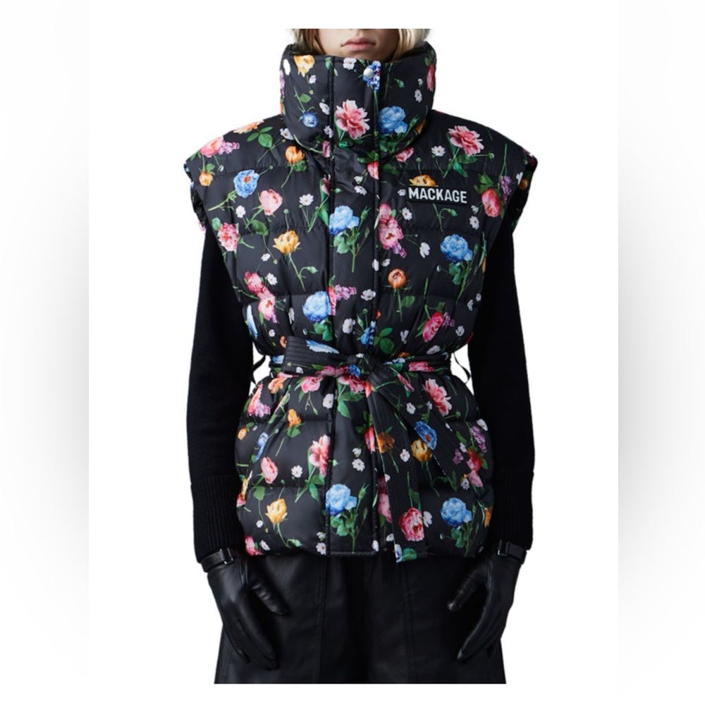 Mackage Zerina Floral Puffer Vest - Black with Multicolor Flowers - sz Large